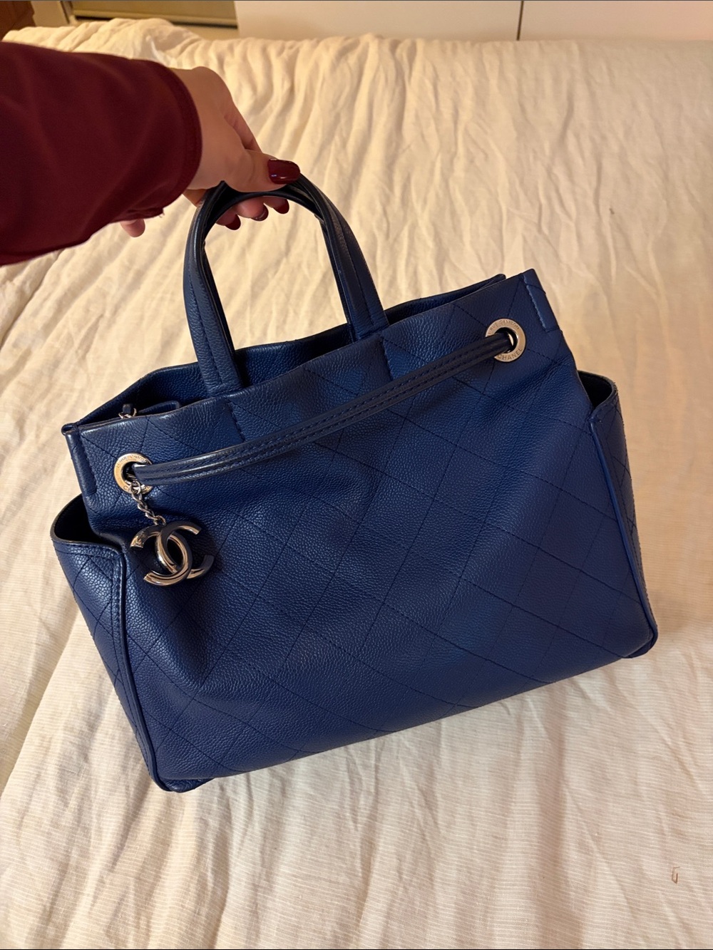 CHANEL Blue Quilted Leather Tote with CC Charm
